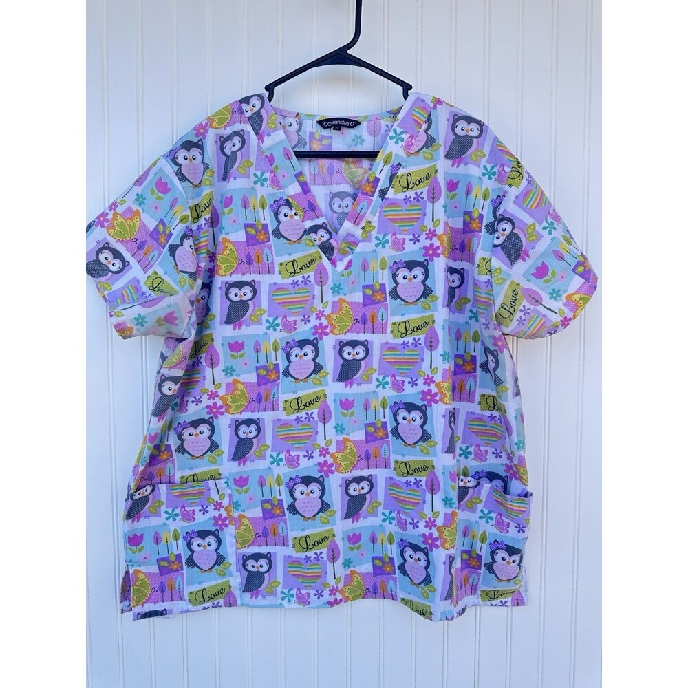 Cassandra Scrub Top 2X Plus Owl Print V Neck Nurse Medical Love Hearts
